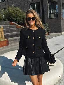 Áo khoác cardigan nữ GMFP mùa xuân/hè kiểu dáng thanh lịch, rộng rãi, màu đen trơn, chất liệu retro, cổ tròn, cài cúc đơn, chất liệu len pha, thích hợp cho các lễ hội âm nhạc/mùa cưới. - màu đen - Xem 5