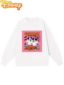 Nightmare Before Christmas Women's Sweatshirt - Officially Licensed Tim Graphic Pullover With  & Sally, Pink & Black Casual Round Neck Winter Sweater For Halloween & Christmas Outfits - White - View 1