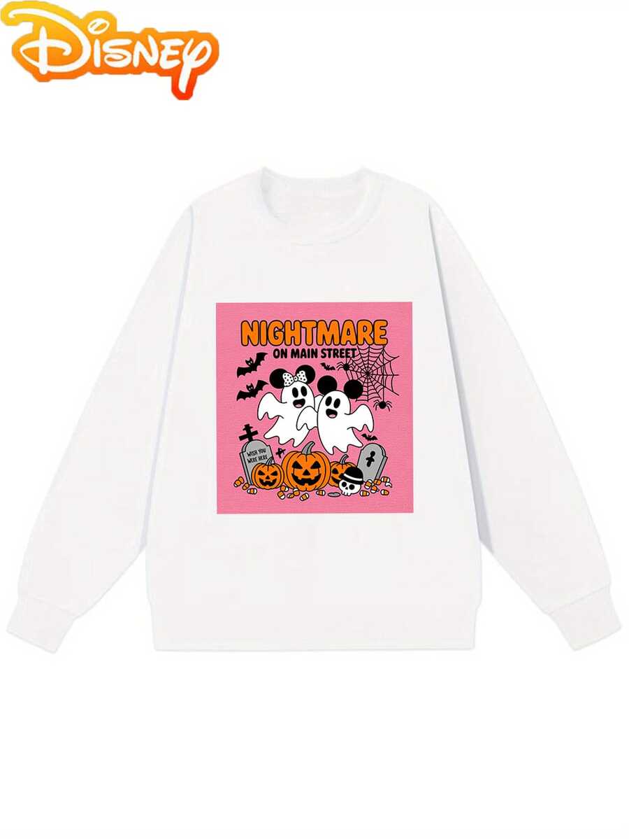 Nightmare Before Christmas Women's Sweatshirt - Officially Licensed Tim Graphic Pullover With & Sally, Pink & Black Casual Round Neck Winter Sweater For Halloween & Christmas Outfits - White - View 1