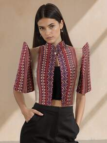 Amyenjoylife 现代菲律宾风情上衣，蝴蝶袖菲律宾风情上衣，1 件装女士时尚半透明拼接立领设计优雅泡泡袖上衣，纽扣衬衫春夏百搭菲律宾风情短外套，红色圣诞上衣 - 紅色 - 查看 4