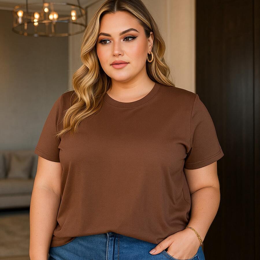 Premium 100% Cotton T-Shirt, 26.1 Yarn, Crew Neck, Short Sleeve, Comfortable And Ready To Ship, Loose Fit, Plus Size - 鏽棕色 - 查看 1