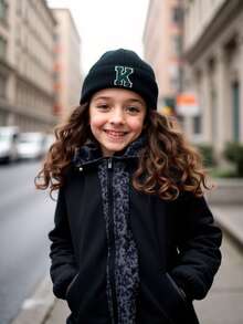 1pc Personalized Embroidered Infant Knit Hat, Toddler Kids 26 Letter Knitted Pom Pom Beanie, Suitable For Baby Boys And Girls - Black - View 3