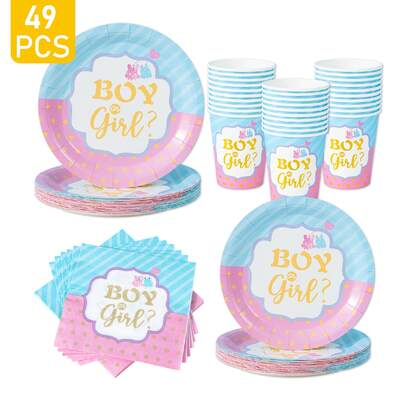1 Set Gender Reveal Disposable Plates, Napkins, Cups, Serves 8 Guests, Disposable Paper Plates Party Supplies Suitable For Birthday, Wedding, Theme Party, Family Picnic