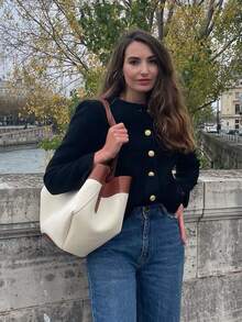 Áo khoác cardigan nữ GMFP mùa xuân/hè kiểu dáng thanh lịch, rộng rãi, màu đen trơn, chất liệu retro, cổ tròn, cài cúc đơn, chất liệu len pha, thích hợp cho các lễ hội âm nhạc/mùa cưới. - màu đen - Xem 3