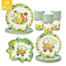 Jungle Dinosaur Party Disposable Plates, Napkins, Cups Set, Plates, Napkins And Cups Party Supplies, Serves 8 Guests, Disposable Paper Plates Party Tableware Suitable For Birthday, Wedding, Theme Party, Family Picnic - Multicolor - View 1