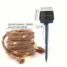 1pc 50/100 LED Solar Powered Hemp Rope Garden Copper Wire String Light Waterproof Fairy Lamp Suitable For Home Outdoor Garden Patio Balcony Camping Wedding Birthday Party Decoration - Warm White - View 11