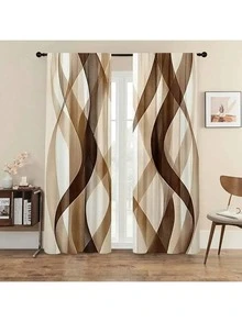 2PCS Elegant Dark Curtains With Brown And Brown Wave Print Patterns, Suitable For All Seasons Decoration, Suitable For Living Rooms, Bedrooms, Etc. - Machine Washable, Pole Pocket Design, Suitable For Curtains In Living Rooms