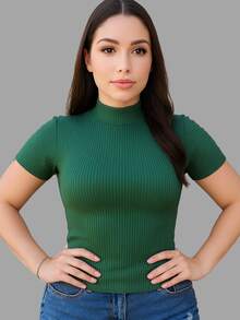 Kit Of 2 Women's Ribbed High Neck Short Sleeve Blouses - Premium Ribbed Knit - Đen và Xanh quân đội - Xem 3