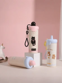 Girls' School Sports Water Bottle - Stainless Steel Double Wall Vacuum Insulated, Leak-Proof Straw Lid, Cute Cartoon Pattern - Multicolor - View 3