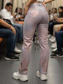 Jeans Rectos de Mezclilla para Mujer con Efecto Metalizado de Diferentes Colores y Diseños, A la Moda, Diseño Moderno. Mezclilla Gruesa de Calidad, Cómodos, Combinables. - DOBLE GCP-AY-3259S - Ver 2