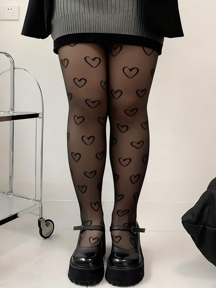 Women's Heart Print Pantyhose, Fashion Designer Style Tights, Romantic Love Pattern Stockings, Shapewear Leggings