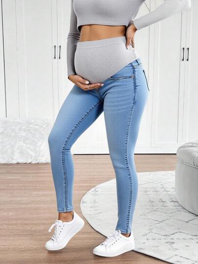 Jeans de maternidad minimalistas, de talle alto y ajustados, pantalón de mezclilla para embarazadas con cintura ajustable y tejido elástico