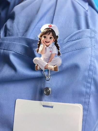 2D 平面亚克力护士女孩身份证夹 - 可伸缩标签夹，适合医学生和执业护士的耐用标签 - 用于工作场所识别的耐用 PMMA 材料，医疗标签夹 | 趣味设计 | 耐用亚克力，护士配件，返校，送给老师的礼物