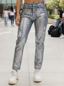 Jeans Rectos de Mezclilla para Mujer con Efecto Metalizado de Diferentes Colores y Diseños, A la Moda, Diseño Moderno. Mezclilla Gruesa de Calidad, Cómodos, Combinables. - PLATA GLI-LD-3804ST - Ver 3
