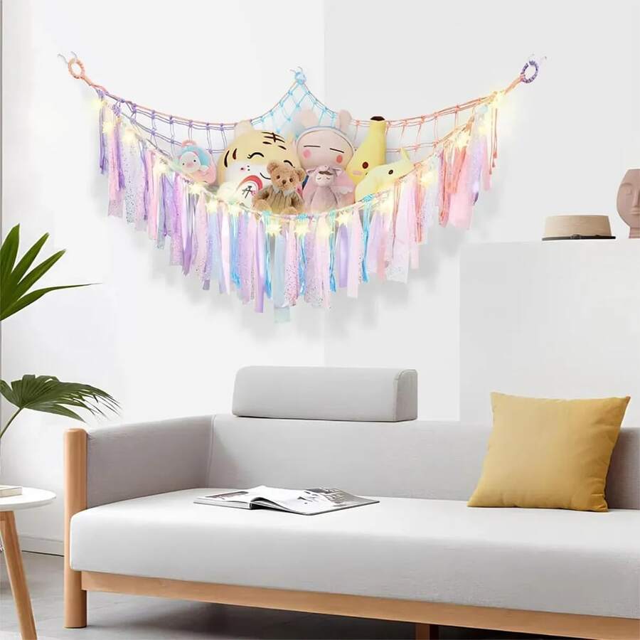 Organizador de red de hamaca para almacenamiento de animales de peluche con luz LED , decoración de pared colgante para habitación de niñas con lentejuelas para dormitorio, habitación infantil y sala de juegos - Multicolor - Ver 1