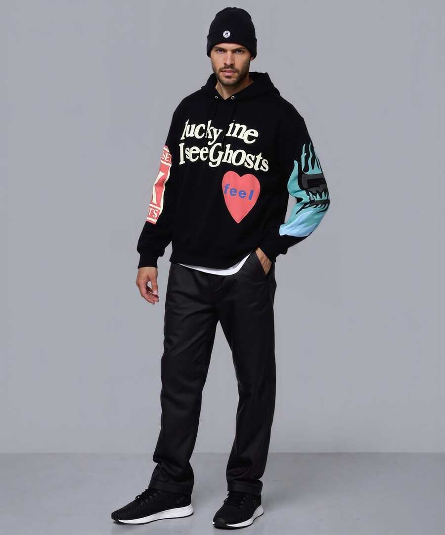 Unisex Lucky Me I See Ghosts Hoodie Rapper Long Sleeve Hip Pop Love Heart Hooded Sweatshirts - 黑色 - 查看 1