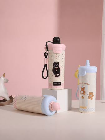 1pc Stainless Steel Double Wall Vacuum Insulated Water Bottle For School, Reusable Straw Sports Water Flask With Leakproof Spout Lid- Cute Cartoon Design For Girls