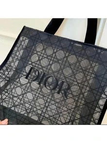 Christian Dior 女士网眼手提包，深灰色透明单肩包，棋盘格网镂空购物袋，奢华时尚手提包 - 黑色 - 查看 5