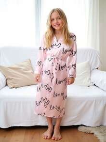 Tween Girl Heart Print Long Sleeve Casual Bathrobe - Multicolor - View 5
