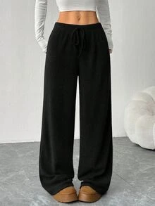 女士休闲裤，针织罗纹面料，仿抽绳松紧腰，宽松阔腿长裤 - 黑色 - 查看 2