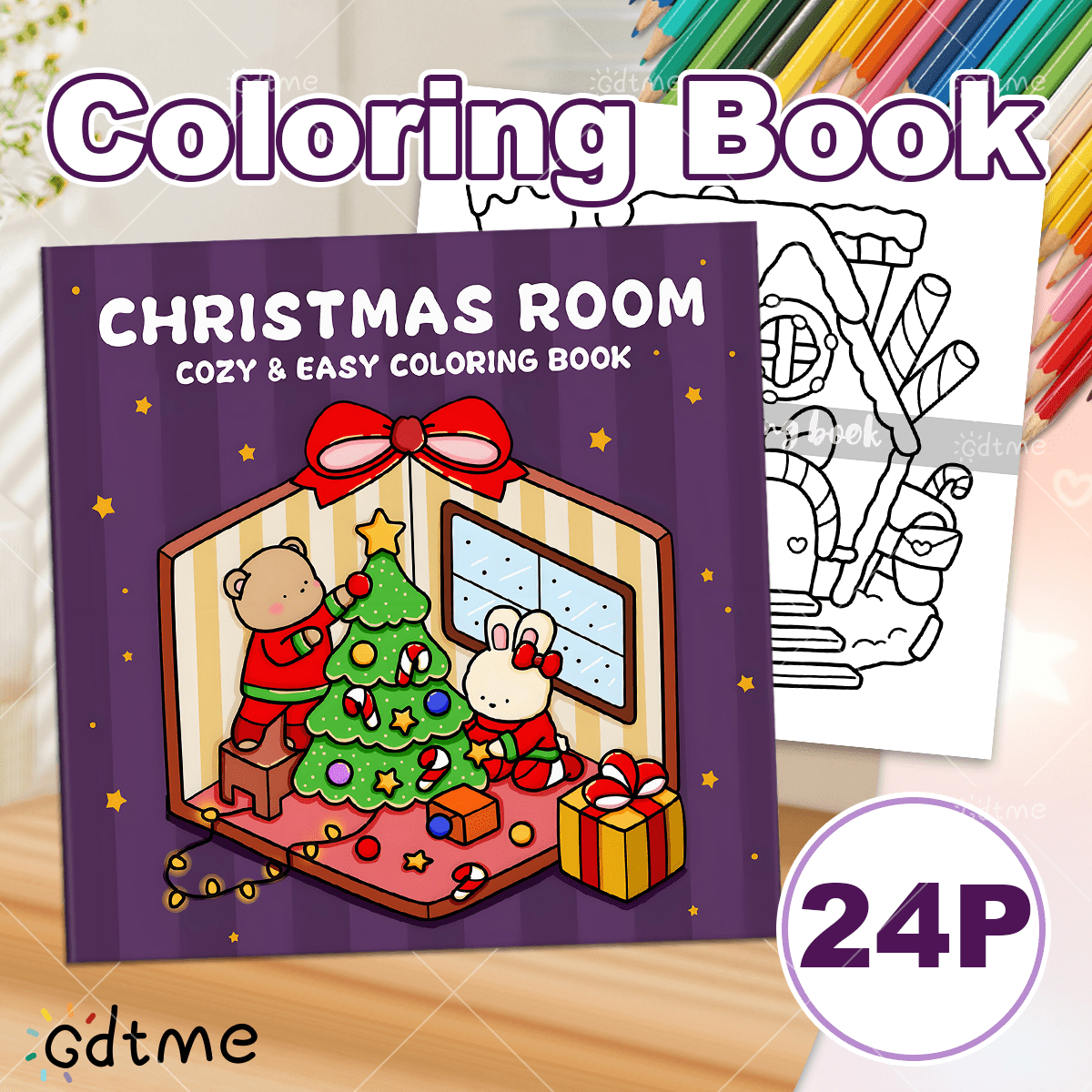 GDTME [Christmas Room] Pearlescent Thick Coloring Book, 7.87*7.87inch 24 Pages, Pre-Bedtime Coloring For Sleep Aid And Stress Relief, Ins Style, Beautiful Patterns And Clear Lines, Adult Coloring Book, Suitable As A Thoughtful Gift For Gatherings, Holidays, Birthdays, And Christmas