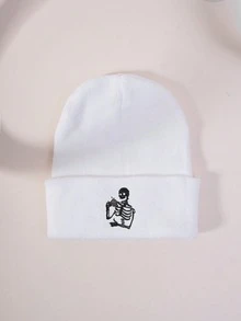 1pc Autumn/Winter Unisex Elastic Knit Hat, Fashionable Street Hip-Hop Style Embroidered Skull Drinking Tea Knit Beanie, Y2K Warm Ski Cap - White - View 5