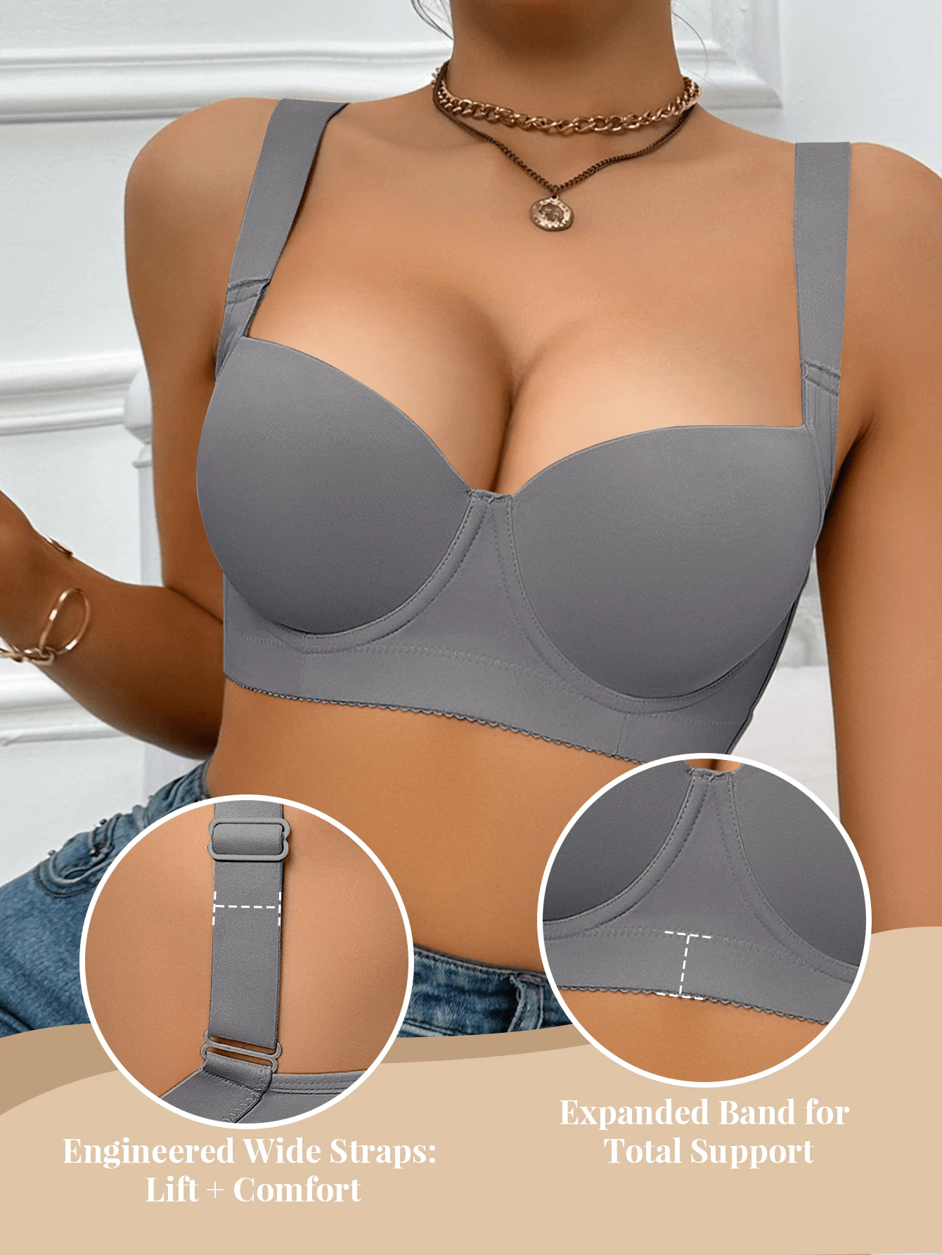 Hersunei Áo ngực Peach Girl màu xám, thoải mái, đồ lót nữ, áo ngực nâng đỡ, thích hợp mặc hàng ngày.
