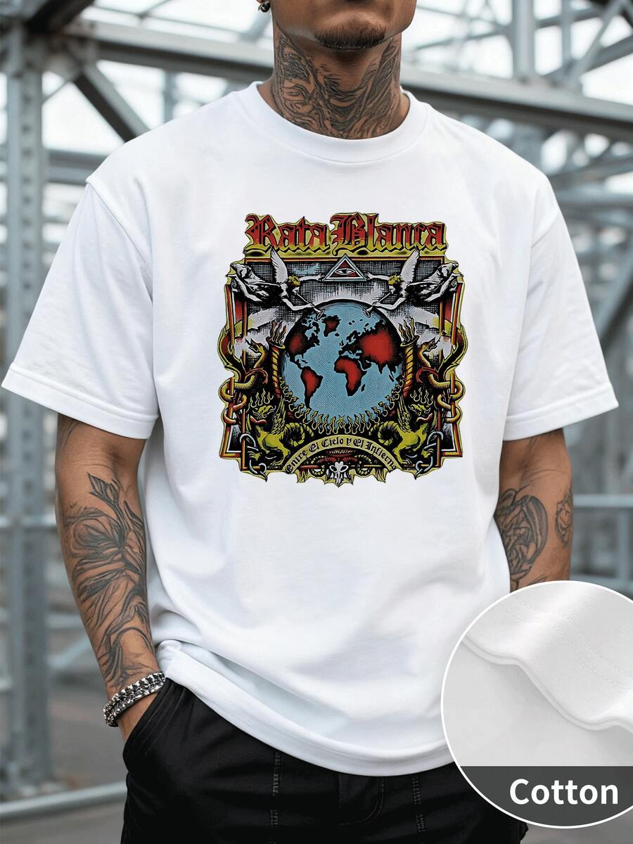Estilo Rock Metal Camiseta de Manga Corta para Hombre con Diseño de Rata Blanca y Globo Terrestre en Llamas, Estilo Vintage con Ángeles y Serpientes, Corte Clásico Regular Fit, Ideal para Fiestas de Música y Fanáticos de Rock, 220 g 100 % algodón, Suave, Transpirable y Duradero, Moda Urbana para Hombres - Blanco - Ver 1