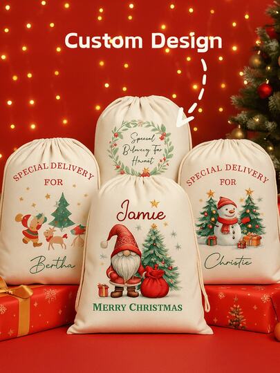 1 Stück personalisierter Weihnachts-Geschenkbeutel mit Kordelzug, individuell bedruckter Weihnachtsmann-Geschenkbeutel, strapazierfähiger Baumwoll-Leinwand-Aufbewahrungsbeutel, festliches Urlaubsdesign mit Weihnachtsbaum- und Weihnachtsmann-Muster, dekorativer wiederverwendbarer Geschenkbeutel für Weihnachtsabend-Party, Winterzeit
