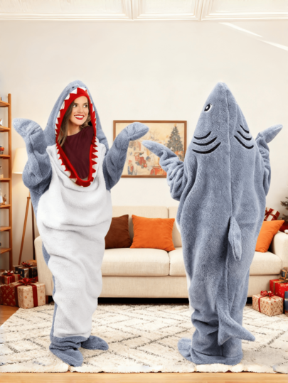 Sacco a pelo da dormire con cappuccio a forma di squalo, unisex, coperta morbida e calda in flanella con motivo a squalo, costume indossabile, adatto per Ognissanti, cosplay e regali per le vacanze