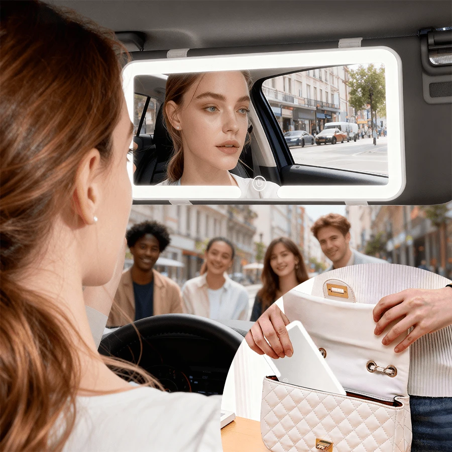 White Car Vanity Mirror (1 Piece), Installed On The Car Sun Visor, Includes An Adjustable Spring Strap, Long Press The Power Button To Adjust Brightness, Three Light Modes: Yellow, White, And Warm Yellow, Color Temperature 2600k-6500k, 1000 Lumens High Brightness, Type-C Interface Rechargeable Battery, Plug And Play, A Must-Have For Travel, A Super Practical Car Accessory, Suitable For Women To Quickly Touch Up Makeup. - White car vanity mirror (1 piece) - 查看 1