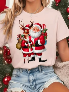 Playera navideña para mujer – Santa Claus y reno con regalos, manga corta, cuello redondo, 100% algodón - Rosa - Ver 1