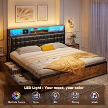 EnHomee Full/Queen/King Size LED Bed Frame With 4 Storage Drawers & Charging Station Platform Bed Frame With Upholstered Storage Headboard No Noise, No Box Spring Needed, Rustic Brown - 鏽棕色 - 查看 3