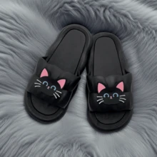 Girls' And Ladies' Popular Slippers, Versatile Cool Slippers, Summer Home Slippers, Couple's Dormitory Solid Color Simple Striped Slippers, Round Toe New Home Bathroom Anti Slip Flat Slippers, Ladies' And Boys' Black Anti Slip Universal Outdoor Wear, Indoor Home Bathroom Shower Slippers, Men's Slippers - Black Petals [Black Cat] - View 6