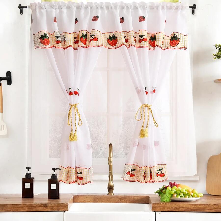 Cortinas de cocina bordados transparente 2m x1.5m doble capa para ventana decoración del hogar filtrado de luz estilo campestre elegante con girasoles o tuplipan - FRESCA - Ver 1