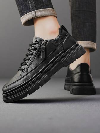 男士厚底侧拉链系带正装鞋，复古圆头低帮工装靴，商务、通勤、派对、婚礼休闲正装鞋