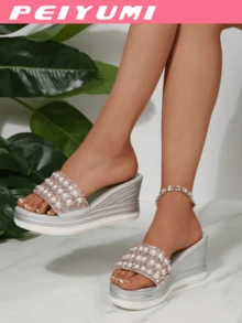 PEIYUMI Plus Size Women's Pearl & Rhinestone Wedge Sandals, Handmade, Casual Beach Wear For Summer - Silver - View 2