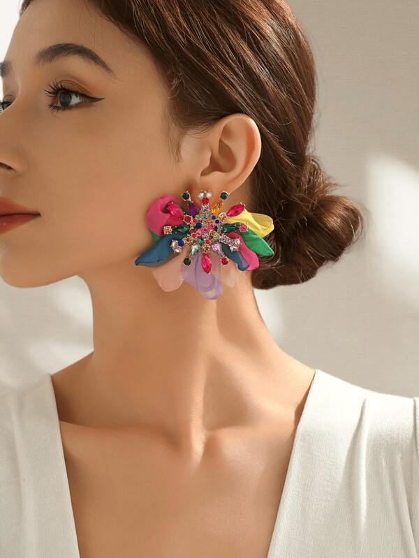 1 Pair Women's Sparkling Colorful Rhinestone Fabric Flower Large Stud Earrings Fashion Exaggerated Statement Jewelry For Party Prom