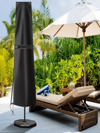 Funda para parasol de tela Oxford 210D resistente - Protector grande para paraguas de jardín exterior con cierre de cordón ajustable, negro, diseño resistente a todas las estaciones para uso en patio y jardín, funda para paraguas exterior, accesorio de patio, apariencia elegante, tela duradera, paraguas de jardín exterior con soporte