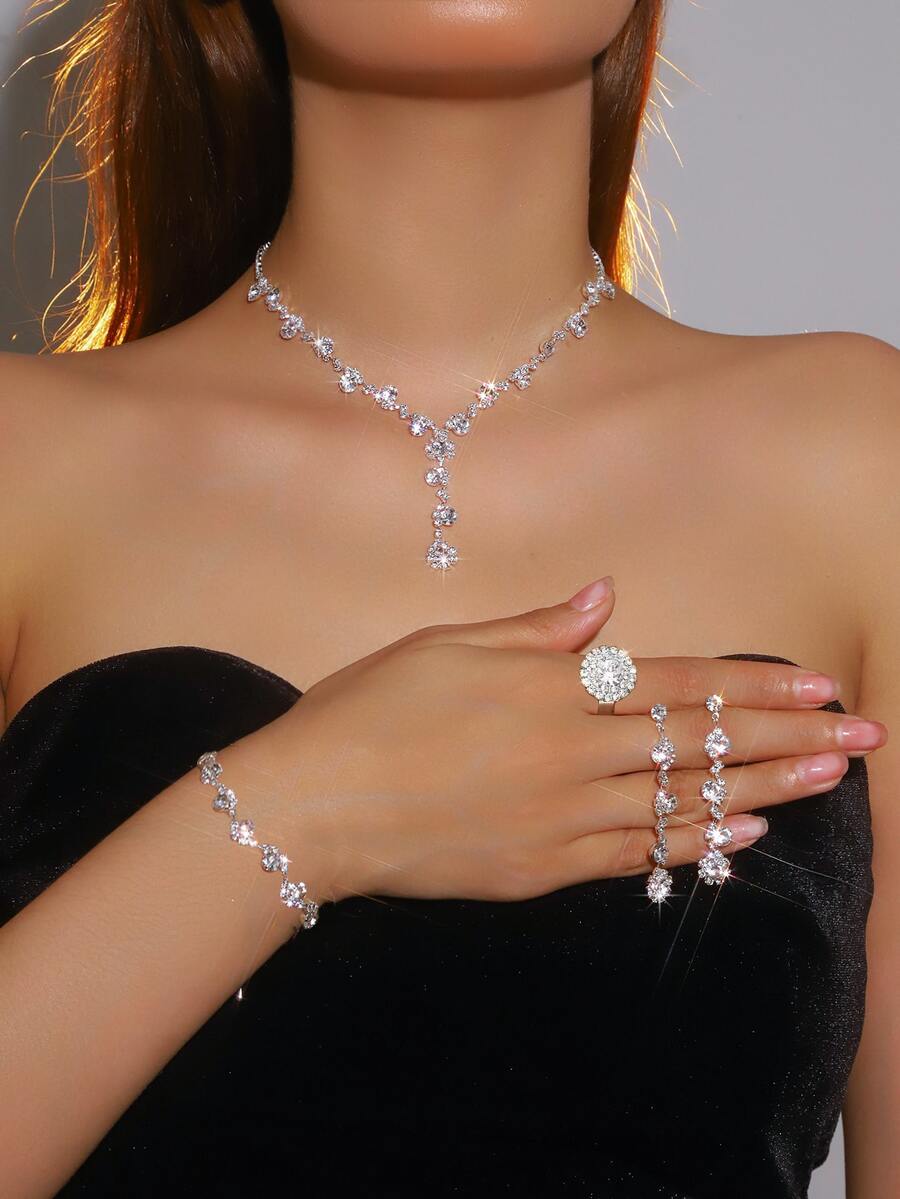 5件套女士首饰套装 - 精致水晶水钻首饰套装，适合通勤、校园约会、日常外出、婚礼和节日 - 情人节