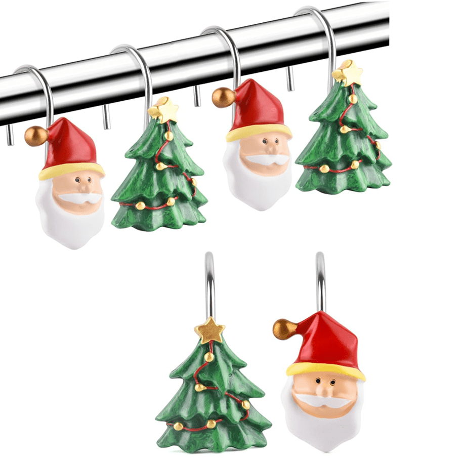 12pcs Christmas Series Christmas Tree, Santa Claus Design, Metal & Resin Bathroom Decor, Living Room, Bedroom & Kitchen Decorative Shower Curtain Hooks, Curtain Rings, Window Curtain Hooks