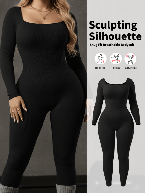 Plus Size Women Seamless Slimming Bodysuit With Compression, Long Sleeve And Pants