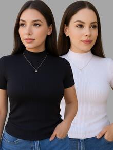 Kit Of 2 Women's Ribbed High Neck Short Sleeve Blouses - Premium Ribbed Knit - Đen và trắng - Xem 4