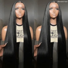 Peruca Reta Longa de 34 Polegadas 13x4 com Cabelo Humano Misturado, Densidade de 200%, Frente de Renda HD Sem Cola, Pré-Arrancada com Cabelo de Bebê, Renda HD Invisível, Cabelo Humano Misturado Preto Natural Reto para Uso Diário e Escolar para Mulheres