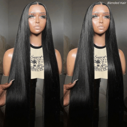 Peruca Reta Longa de 34 Polegadas 13x4 com Cabelo Humano Misturado, Densidade de 200%, Frente de Renda HD Sem Cola, Pré-Arrancada com Cabelo de Bebê, Renda HD Invisível, Cabelo Humano Misturado Preto Natural Reto para Uso Diário e Escolar para Mulheres