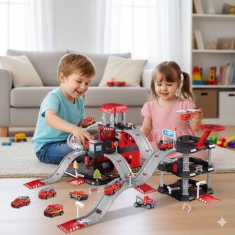 儿童DIY多层消防站停车场轨道玩具套装，含消防车和直升机，互动式教育圣诞礼物