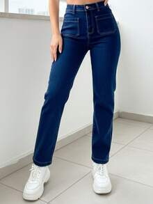 Jeans Straight Leg para Mujer con Detalle de Bolsillos Frontal, Amolda Figura, Efecto Reloj de Arena, Levanta Glúteo, Mezclilla de Calidad con Strech, Bolsillos Profundos y Funcionales, Pinzas Traseras para Mejor Ajuste. - Azul FF-ST2003 - Ver 1