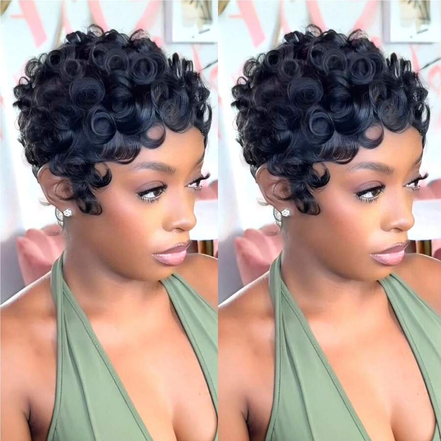 Short Pixie Wigs Short Black Curly Pixie Wigs Synthetic Hair Wigs  Natural Wavy Black Pixie Cut Wig Short Curly Layered Pixie Wig - 黑色 - 查看 1