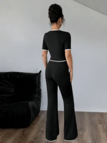 Conjunto de 2 piezas para mujer con top elegante de botones delanteros y pantalones para uso casual y de oficina - Negro - Ver 2