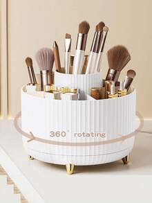 5-Slot Rotating Makeup Brush Holder,Large Capacity Cosmetic Organizer For Brushes, Eyebrow Pencils & Lipsticks,Portable Vanity Storage Case For Dresser, Bathroom, Office Desktop Stationery Storage Box Or Travel